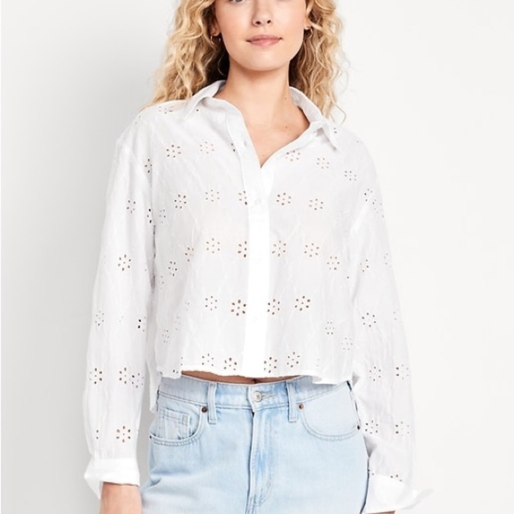 100% Cotton Old Navy Cropped Button-Down Eyelet Shirt in white.